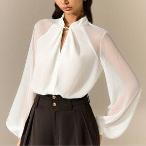 Commense White Chiffon Blouse Gold Neck Detail Semi Sheer XL NWT